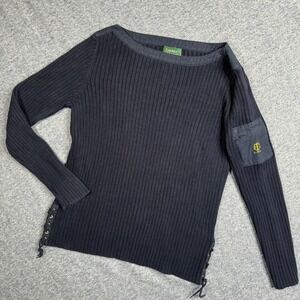 Lauren Ralph Lauren Nautical Blue Knit Top Boatneck Cotton Laced Sleeve Womens M